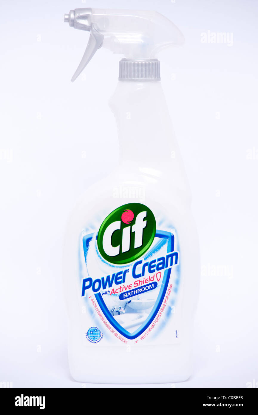 A bottle of Cif power cream for cleaning bathrooms etc. on a white background Stock Photo