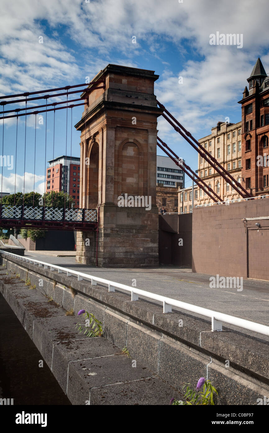 Tower of suspension bridge over the River Clyde in the city of Glasgow