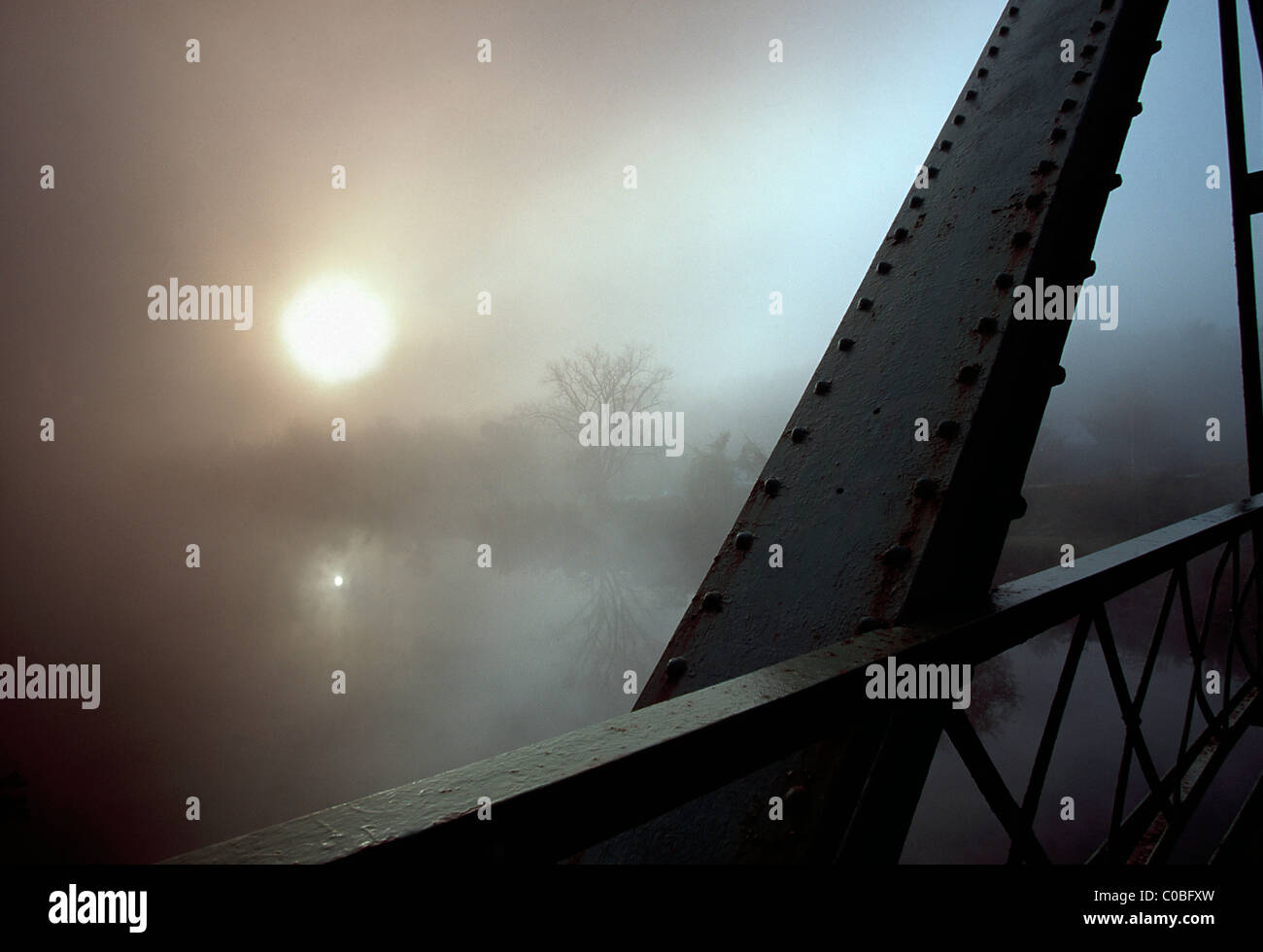 Steel Bridge over the Mohawk River on the Erie Canal at daybreak Stock