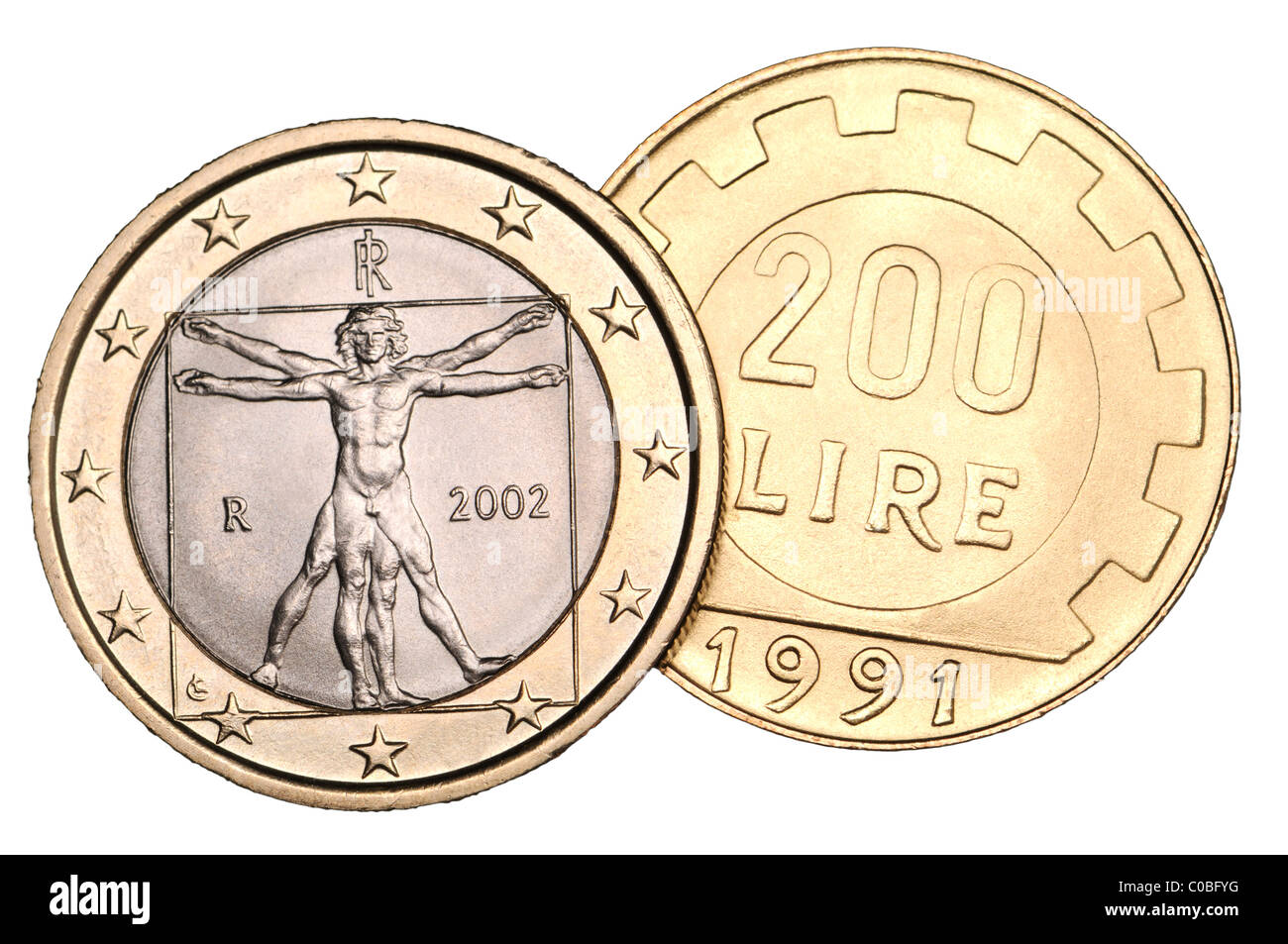 Italian 1 Euro coin from 2002 and 200 Lire coin from 1991 Stock Photo