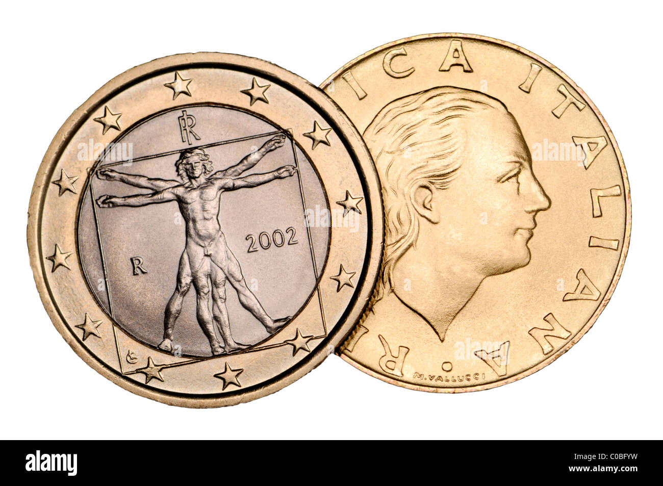 Italian 1 Euro coin from 2002 and 200 Lire coin from 1991 Stock Photo