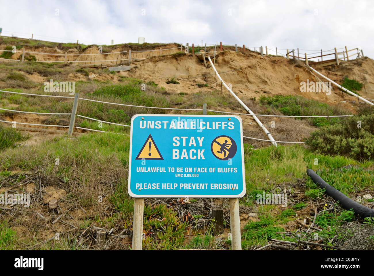 Hazard sign warning about unstable cliffs. Stock Photo