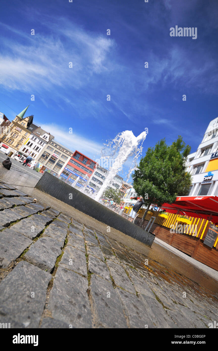 Unusual viewpoint of the water feature at Mirove square, Usti nad Labem, northern Czech republic Stock Photo