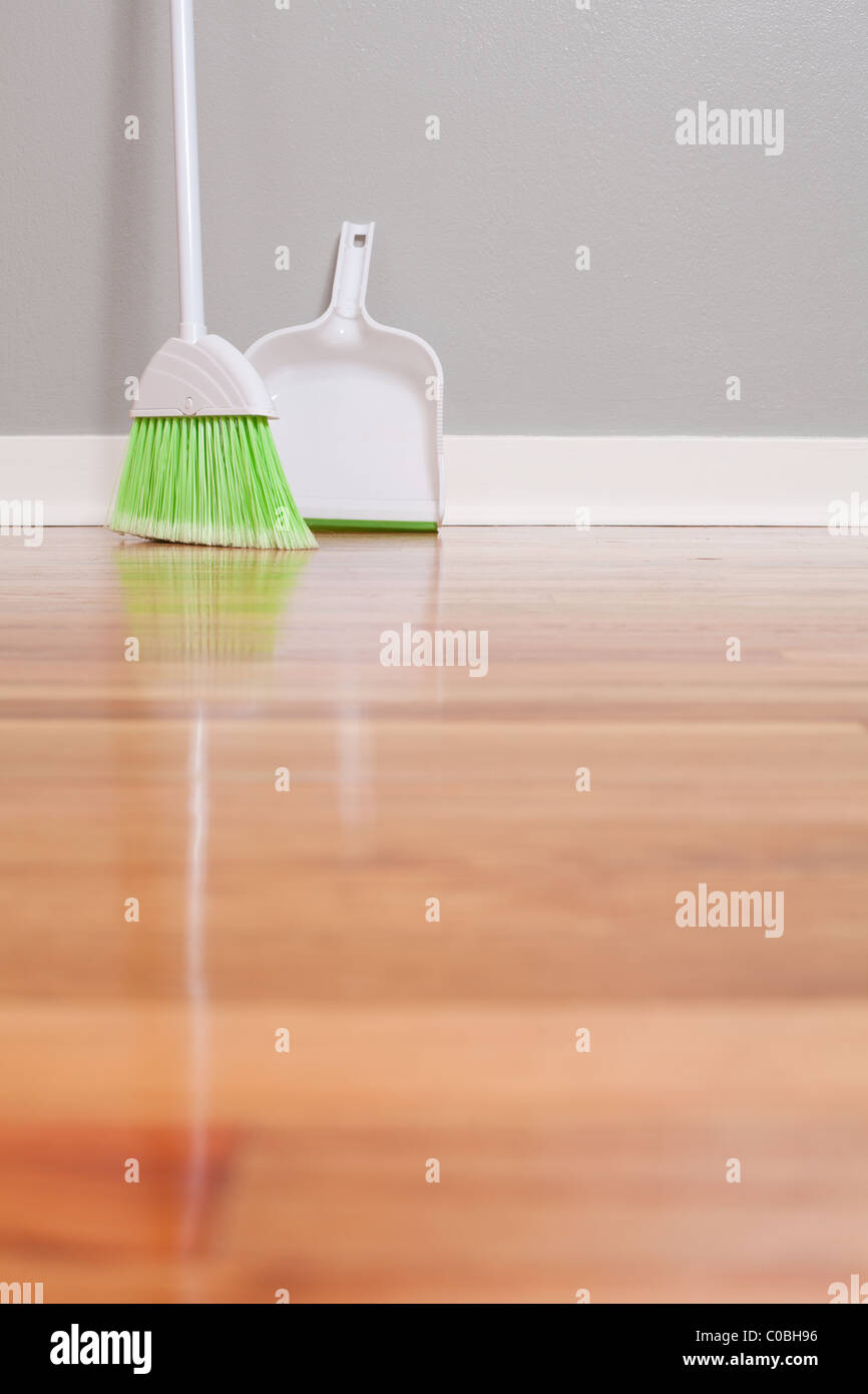 Green Broom And Dust Pan On Hardwood Floor Stock Photo