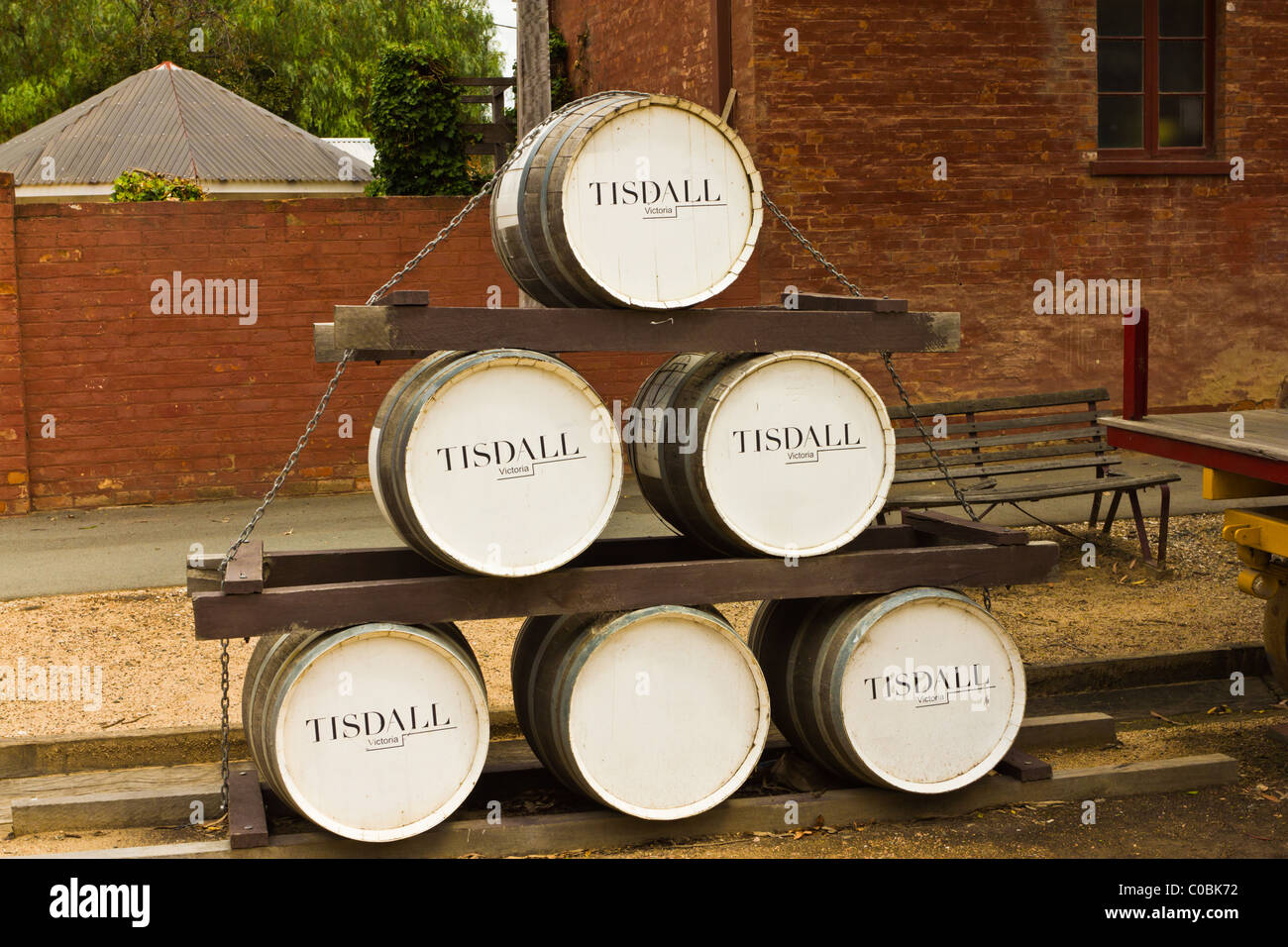 Wine barrel stack in Echuca Stock Photo Alamy