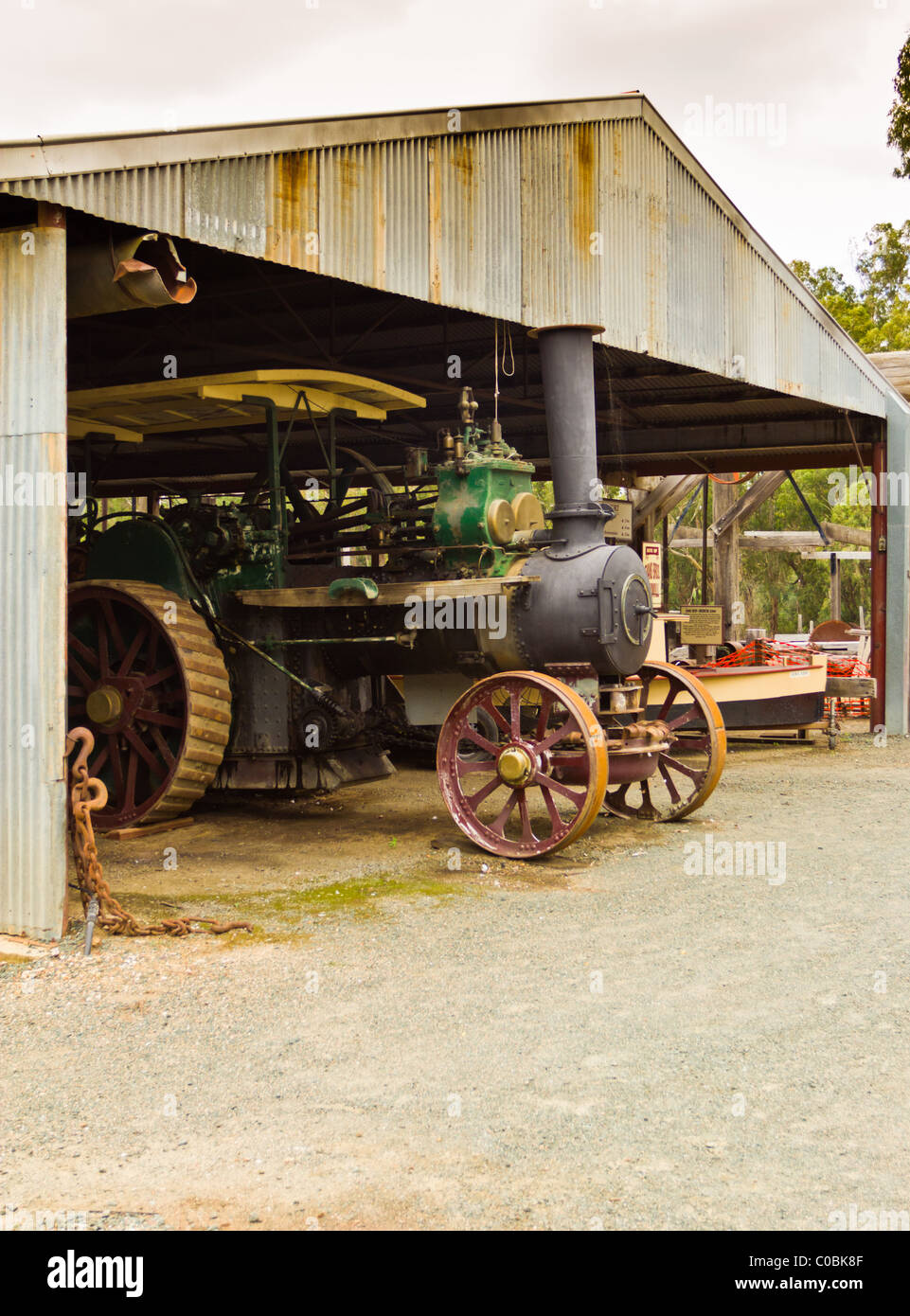 Old steam roller in shed in Echuca. Stock Photo