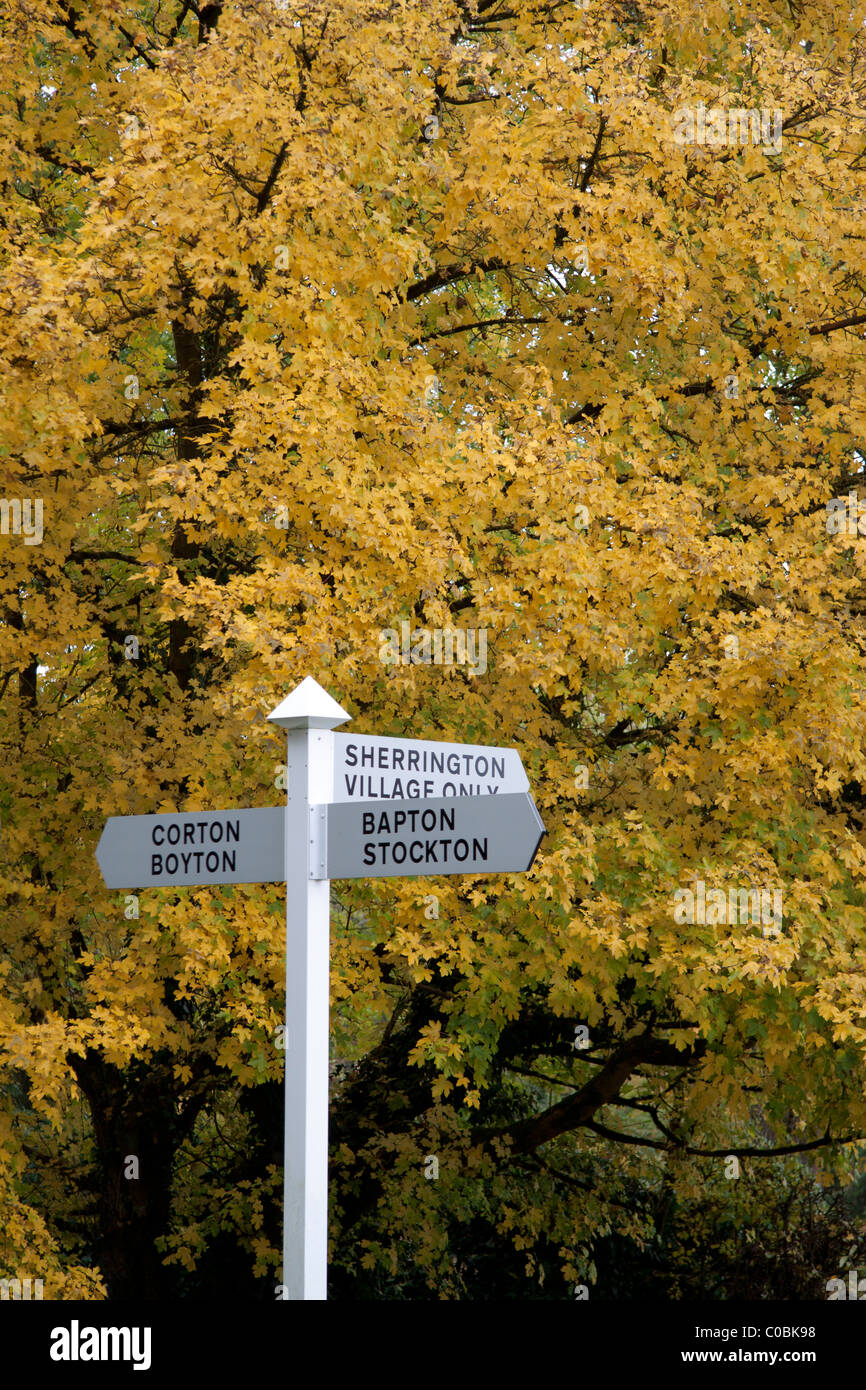 A signpost set against autumn leaves near the village of Sherrington in