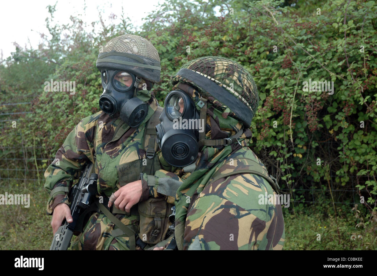 British solders in NBC chemical warfare suits during a training exercise Stock Photo