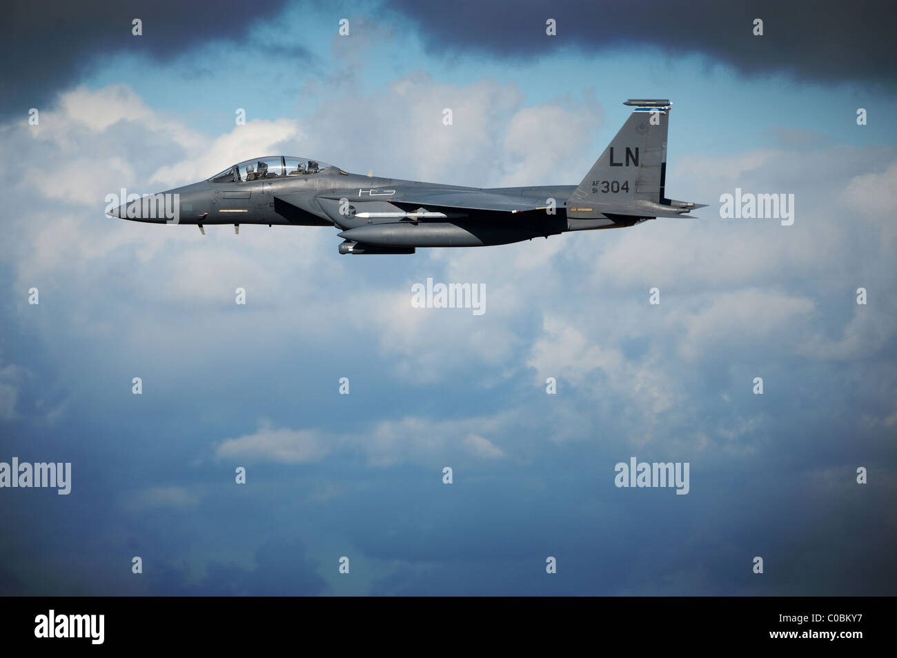 The F-15E Strike Eagle is a American all-weather ground attack strike fighter Stock Photo