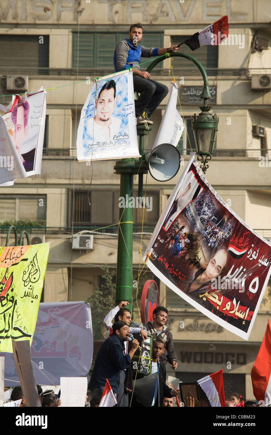 Protesters in Cairo, Egypt's  Tahrir Square hours before President Hosni Mubarak steps down from office on Feb.11, 2011 Stock Photo