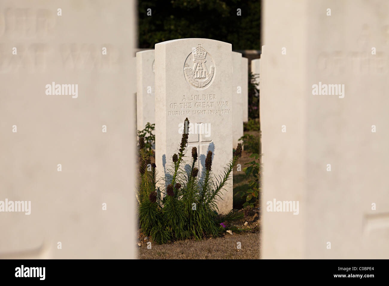 Unknown soldier of the Durham Light Infantry gravestone seen between two others Vimy Ridge Canadian cemetery no. 2 France Stock Photo