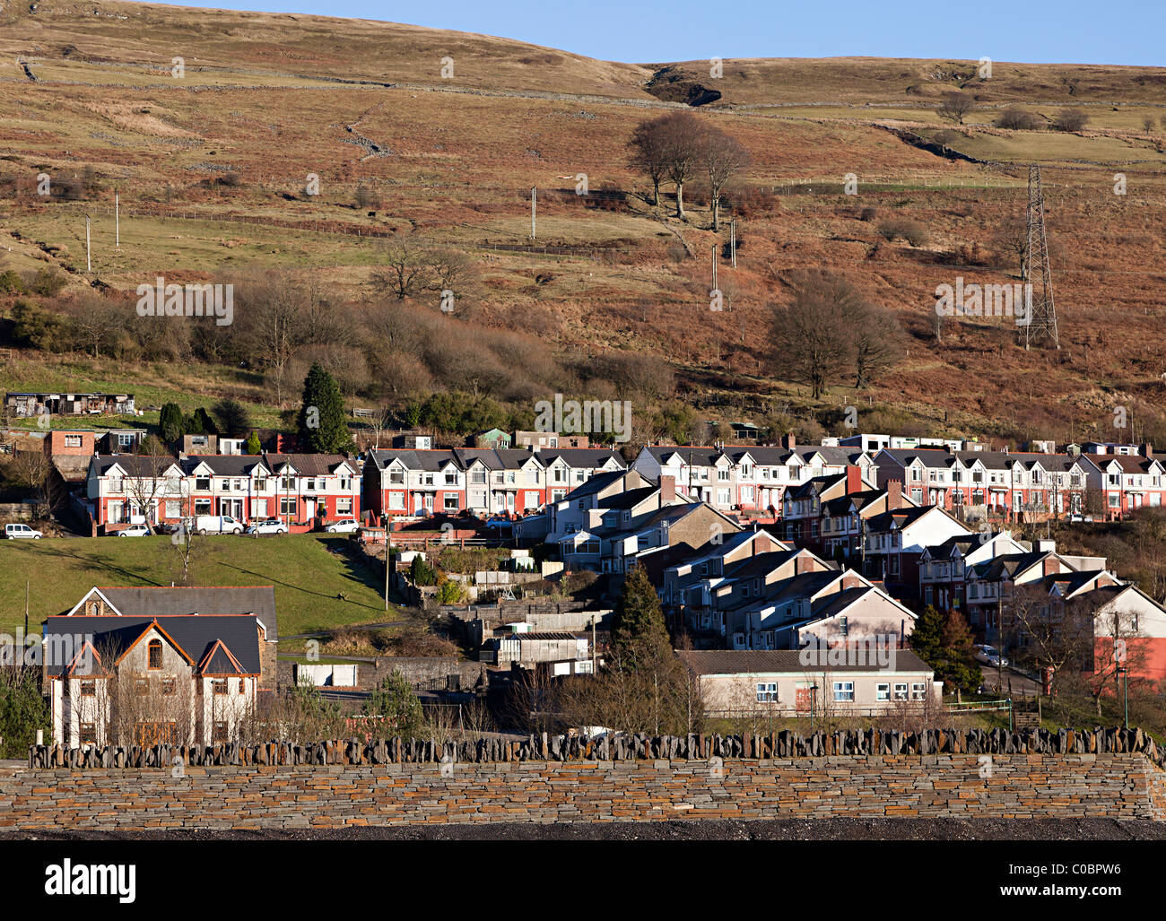 Welsh terraced houses on slope Ty Llwyn Ebbw Vale Blaenau Gwent Wales UK Stock Photo
