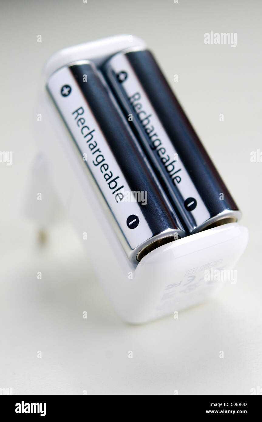 Two rechargeable batteries in a charger. Stock Photo