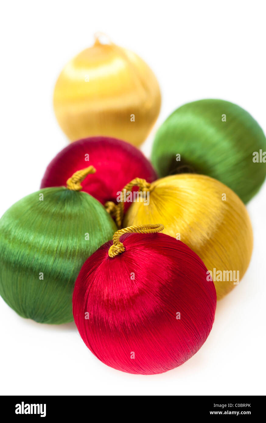Close Up of Christmas Tree Baubles on a White Background Stock Photo