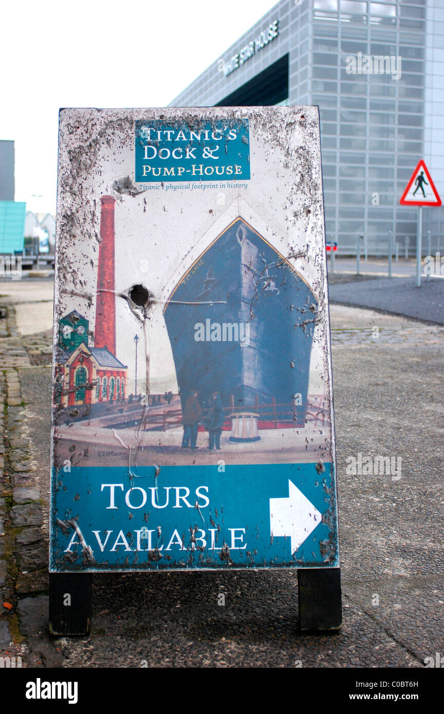 Sign for tours of Titanic Dock and Pump House in the Titanic Quarter in Belfast, Northern Ireland Stock Photo