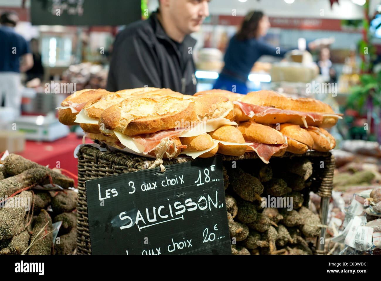 Paris, France - February 19, 2011 - Sandwiches with ham on sale at a public stand Stock Photo