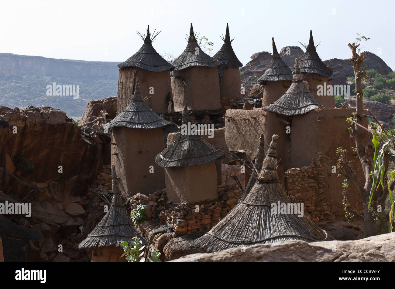 Granaries on top of a cliff at the Dogon village of Yendouma Ato. Pays Dogon, Mali Stock Photo