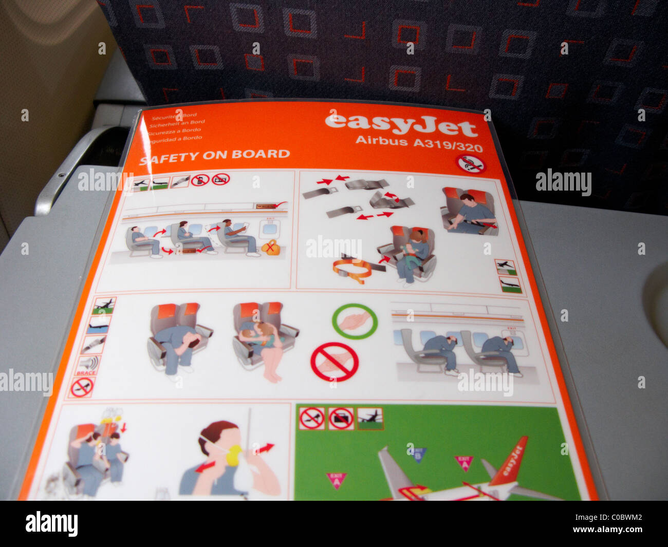 easyjet a319 airbus aircraft safety on board card Stock Photo