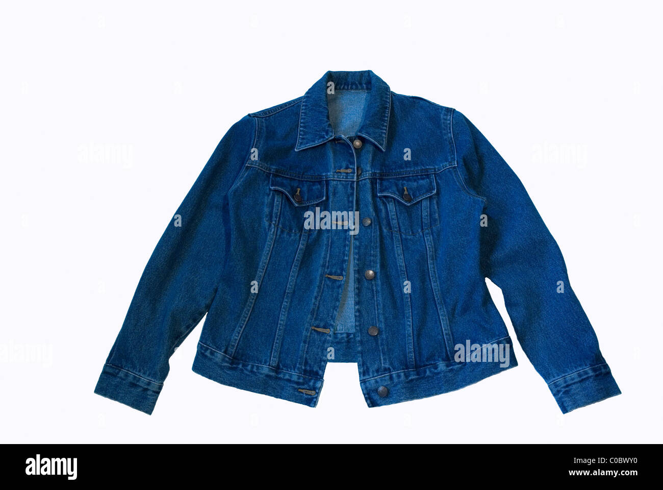 Blue jean jacket on white background Stock Photo - Alamy