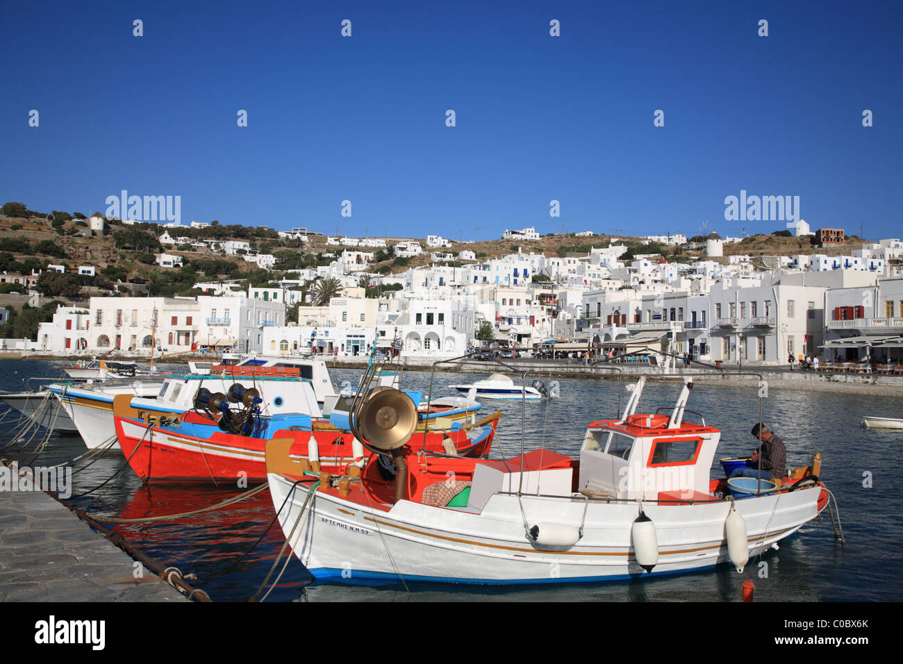 Boats in harbor, Mykonos Town (Chora), Mykonos, Cyclades, Greece Stock Photo