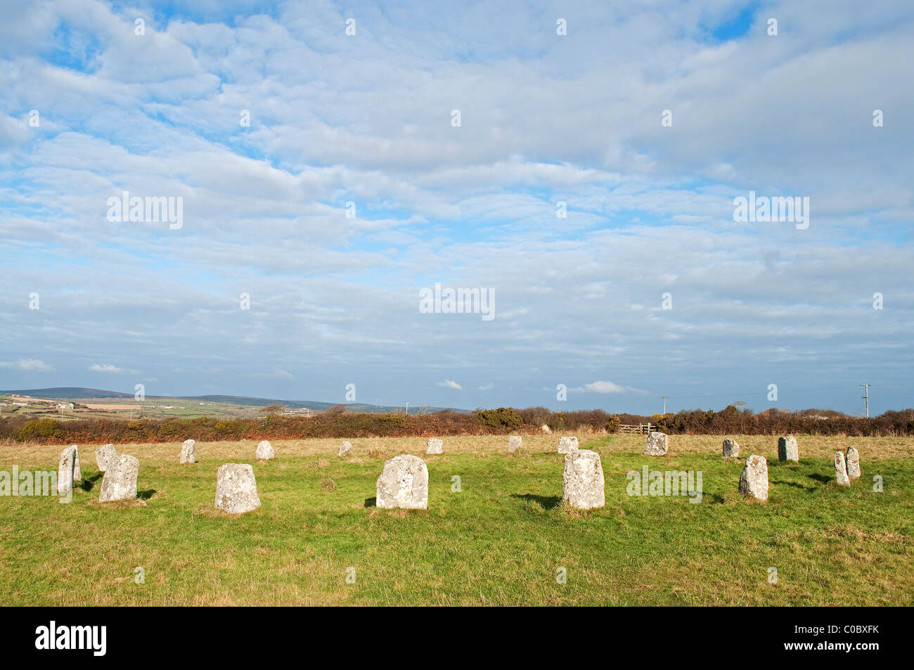 The ' merry maidens ' stone circle near Lamorna in Cornwall, UK Stock Photo