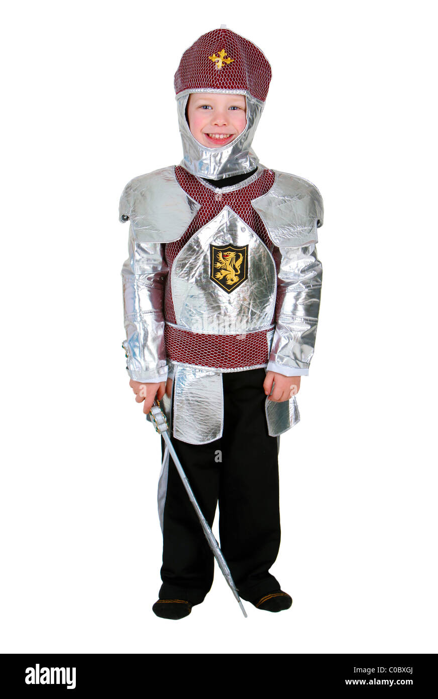 Young boy dressed as a Halloween Knight isolated on white Stock Photo