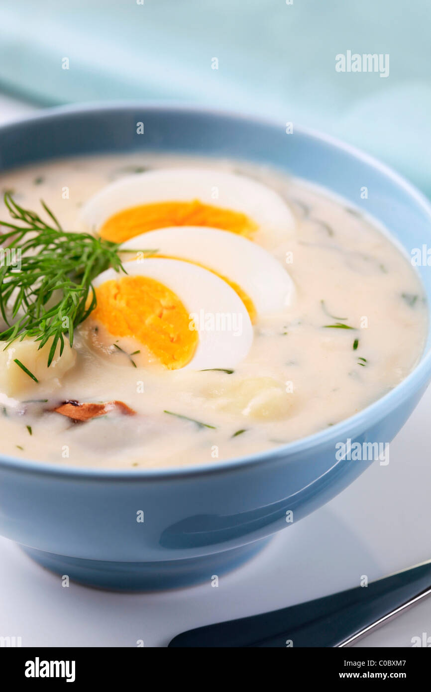 Sour cream soup with dill, mushrooms and potatoes Stock Photo