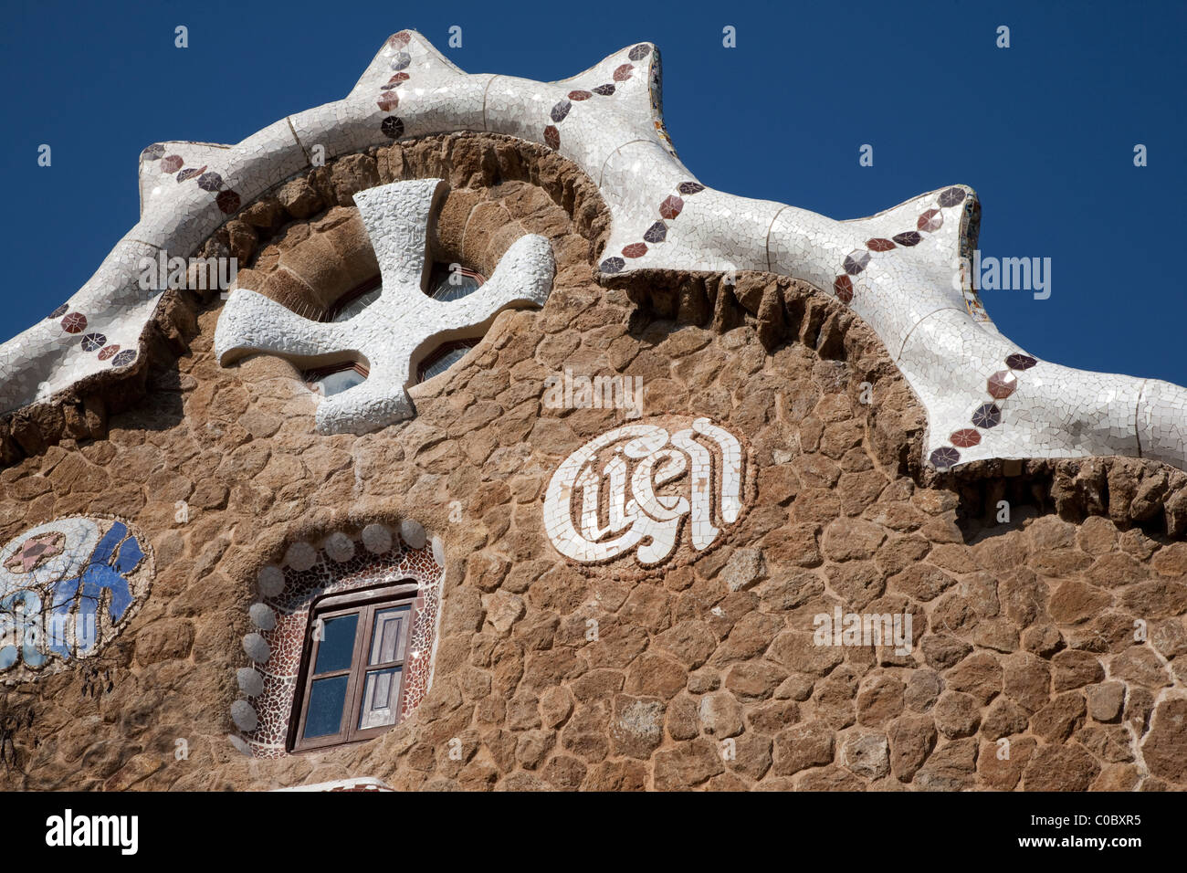 Close up of the Porters Lodge by Gaudi in Park Guell in Barcelona, Catalonia, Spain Stock Photo