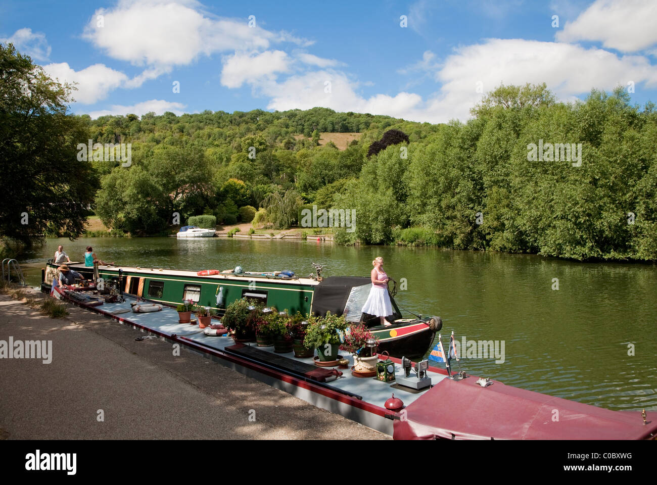 Canal boats on Thames at Goring and Streatley Stock Photo