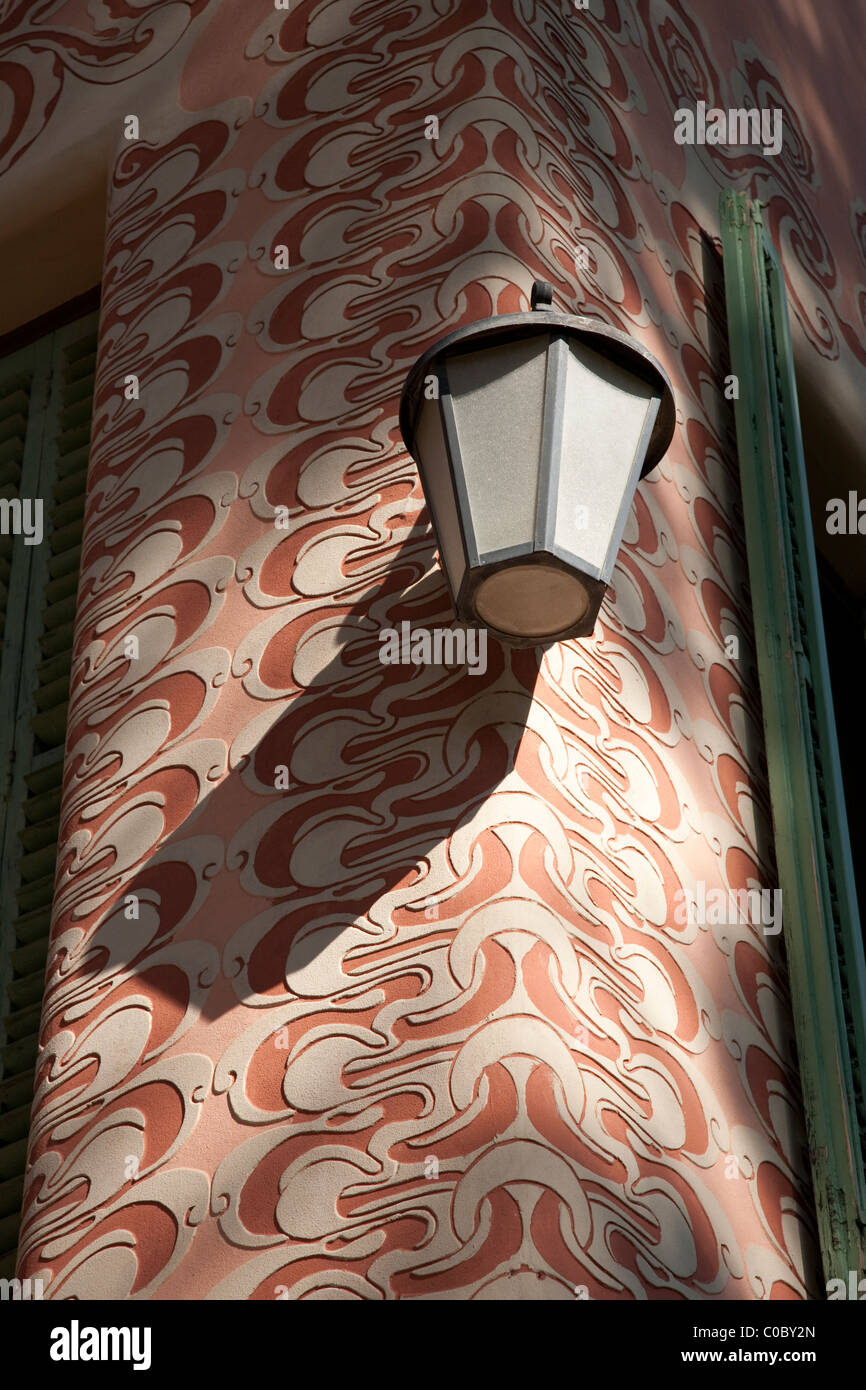 Lamp and Design on the Facade of Gaudi Museum, Park Guell, Barcelona Stock Photo