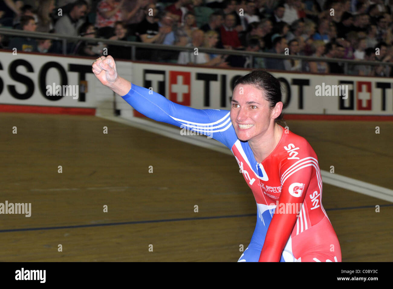 Womens Team Pursuit. UCI Track Manchester Velodrome smiles arm raised sky, Stock Photo