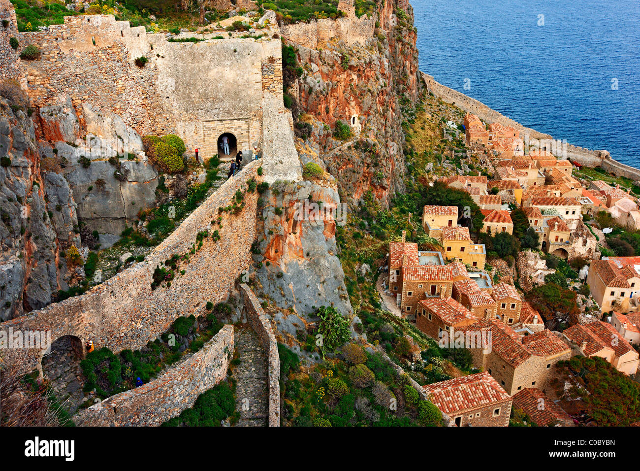 Partial view of the "castletown" of Monemvasia, Lakonia, Greece Stock