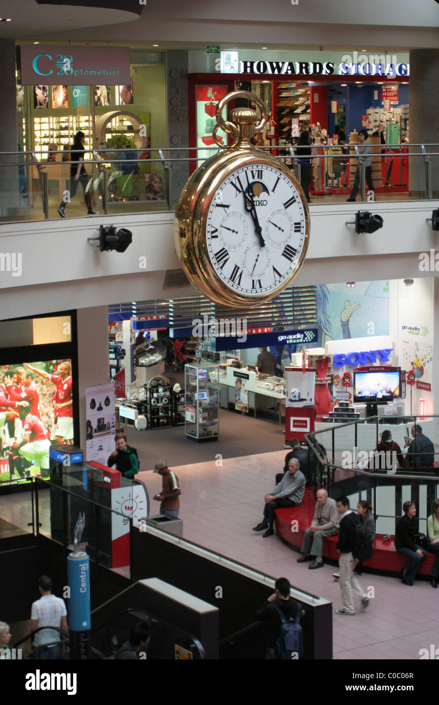 INTERIOR VIEW OF SHOPS IN THE MELBOURNE CENTRAL SHOPPING CENTRE WHICH HOUSES THE HERITAGE LISTED COOP'S SHOT TOWER UNDER A LARGE GLASS CONE. Stock Photo