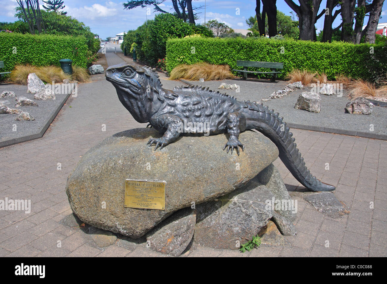 Tuatara of Southland Statue, Southland Museum and Art Gallery, Gala Street, Invercargill, Southland, South Island, New Zealand Stock Photo