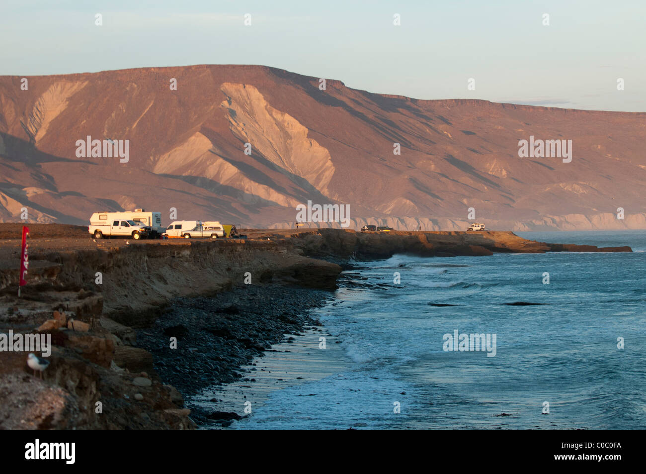 Camping along the shoreline at Punto San Carlos, Baja California Norte, Mexico Stock Photo