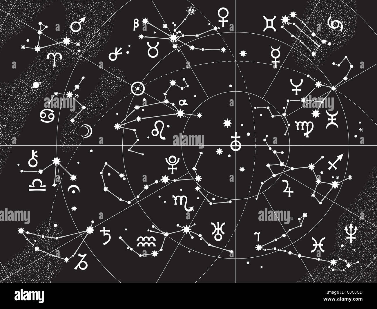 XII Constellations of Zodiac and Its Planets the Sovereigns. Astrological Celestial Chart. Stock Photo