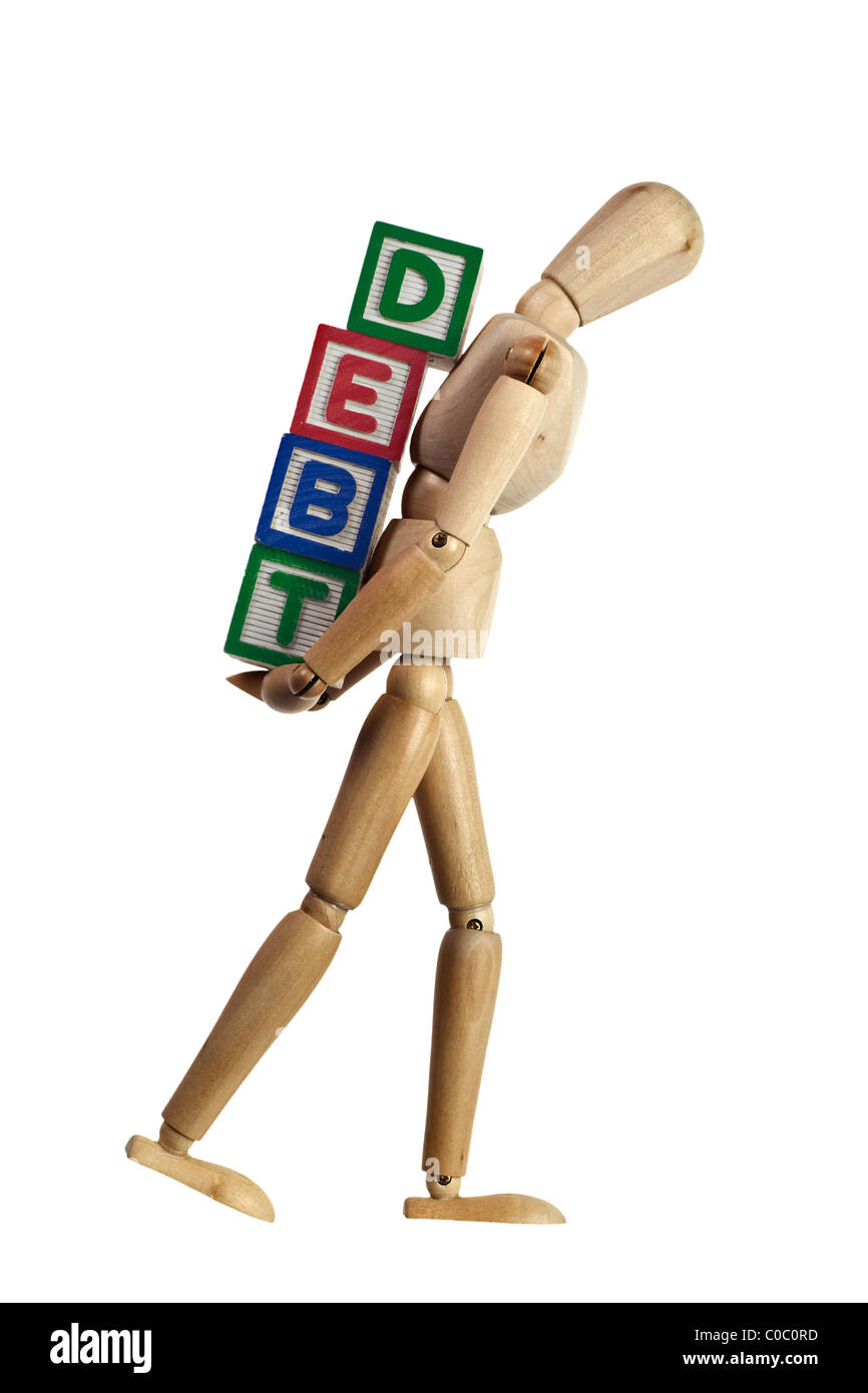 Wooden mannequin carrying blocks with the word DEBT on its back isolated on white background Stock Photo