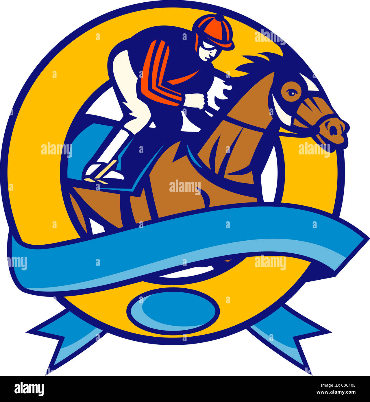 illustration of a horse and jockey racing set inside circle with scroll