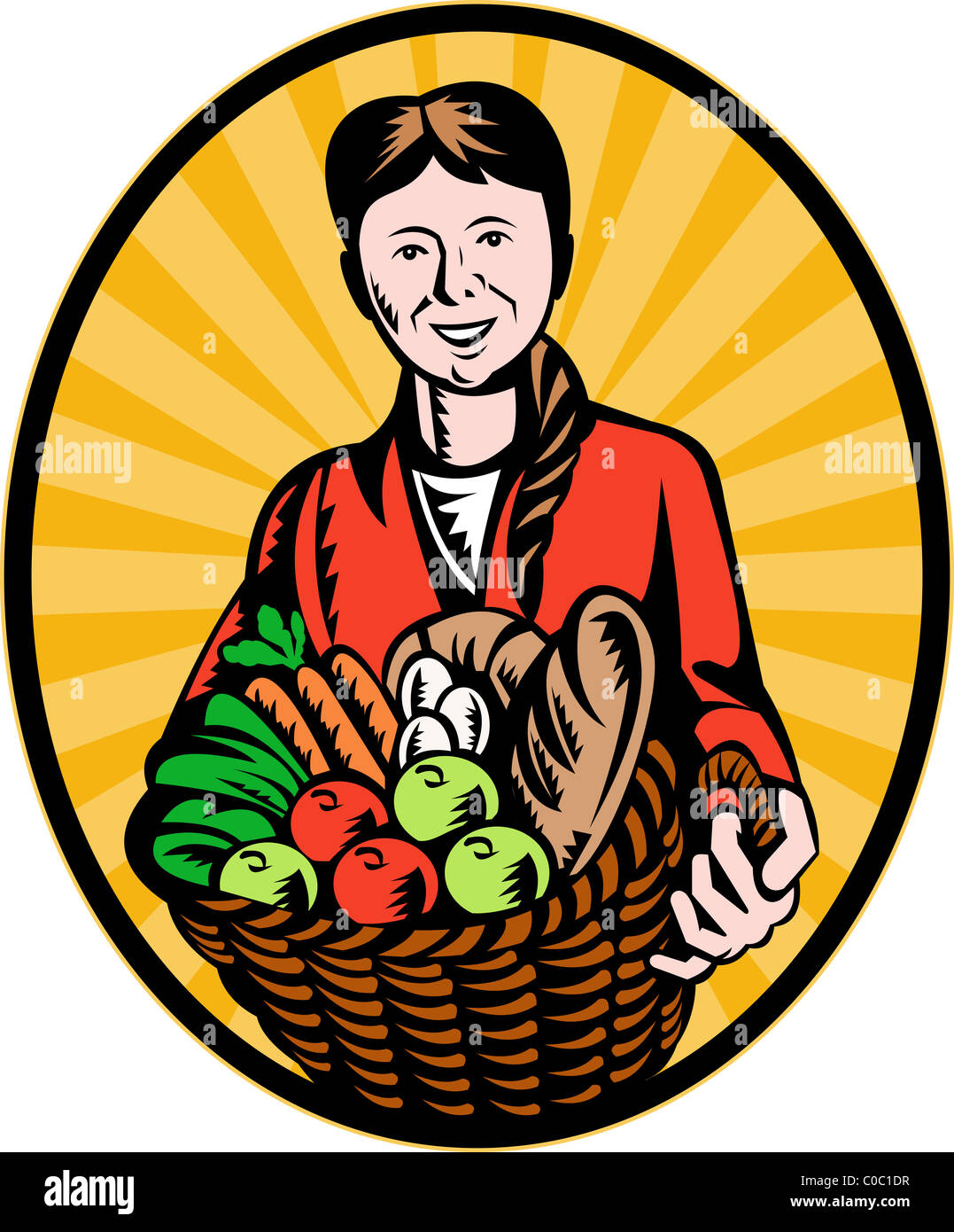 illustration of a female organic farmer holding a basketfull of crop ...
