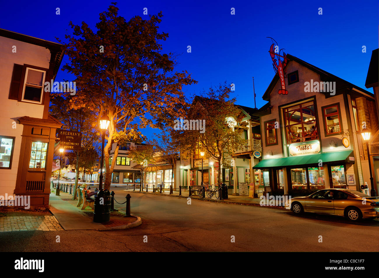Town of Bar Harbor at night, Maine, USA Stock Photo