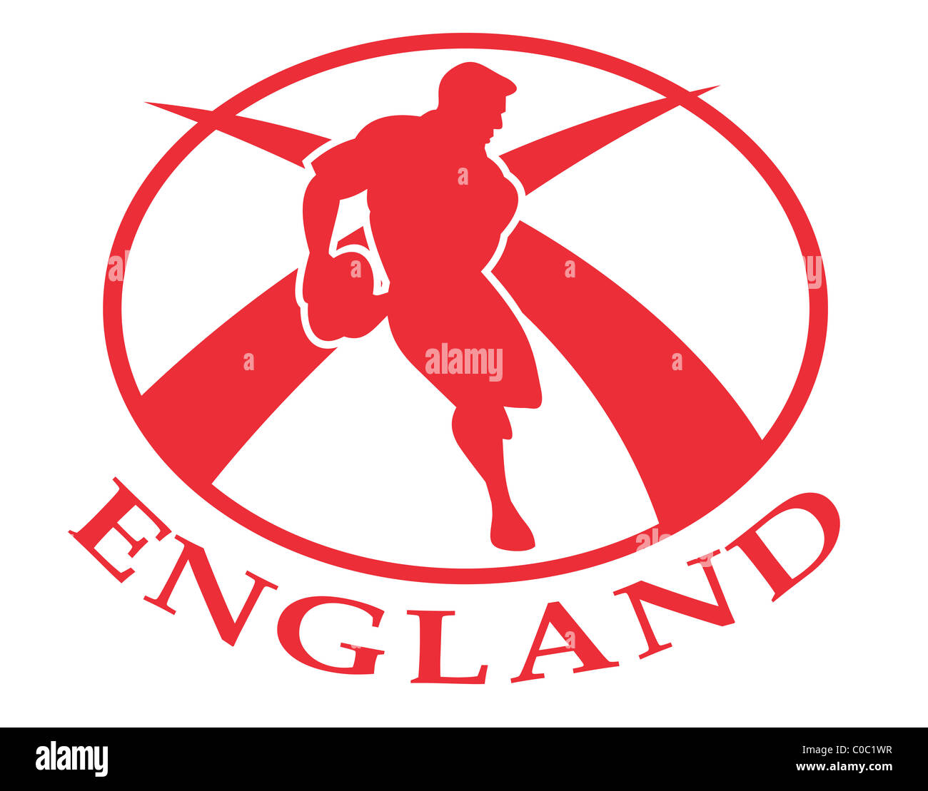 illustration of a rugby player passing the ball side view set inside oval or ball with English flag and words England Stock Photo