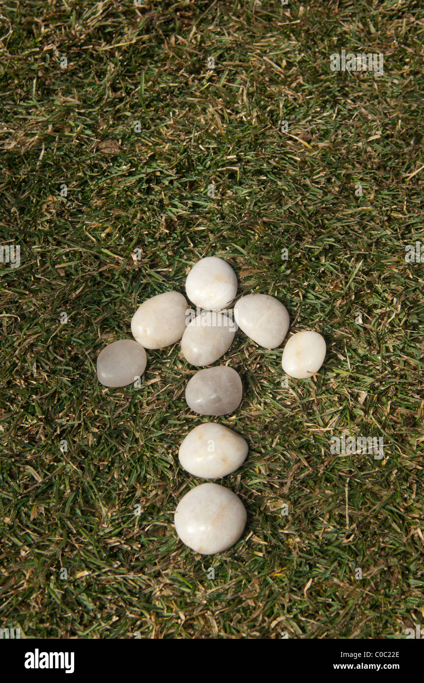 Pointer arrows of white stones on green grass Stock Photo
