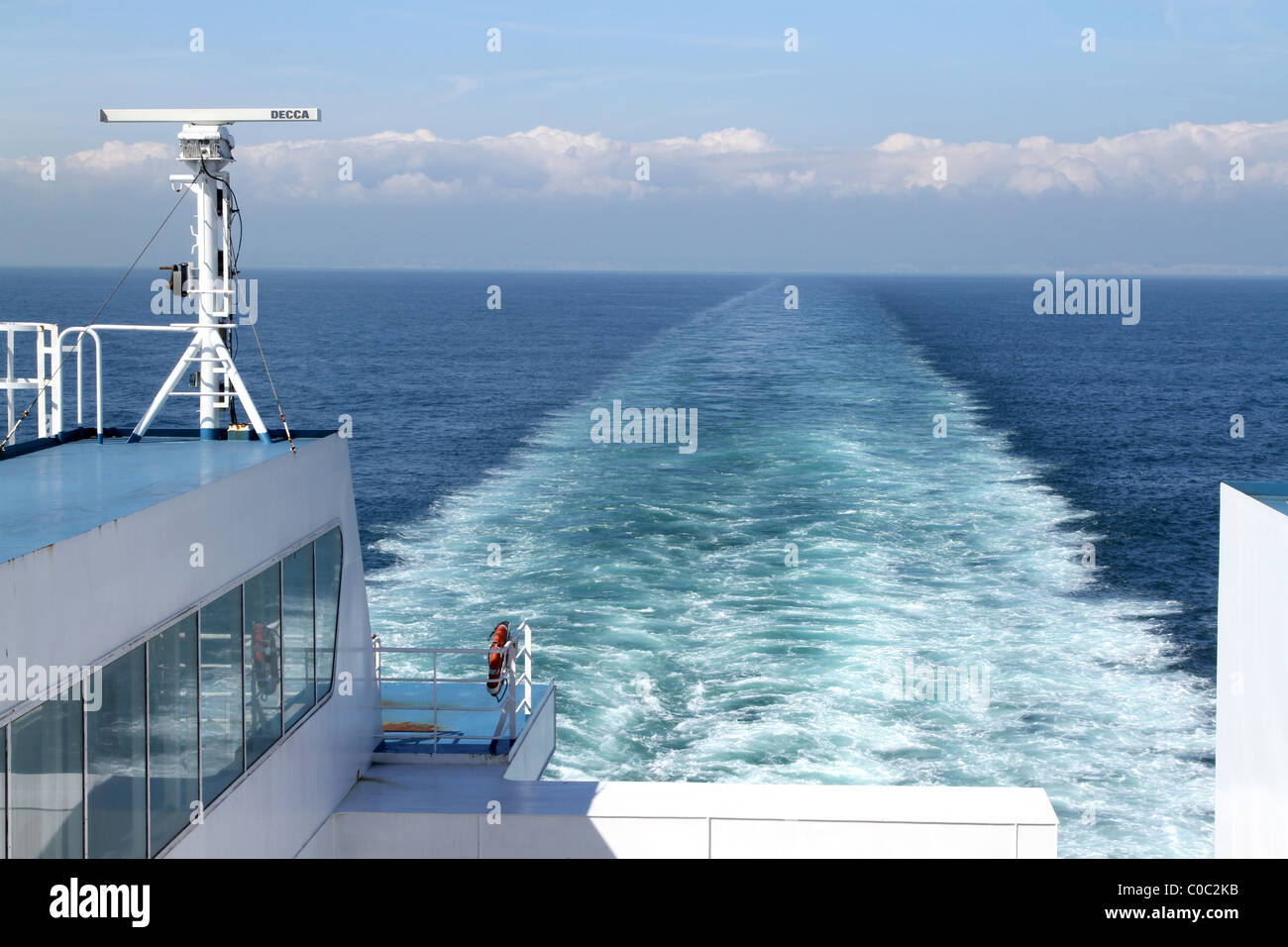 The wash trail in the English Channel from a car ferry traveling between Dover, UK and Calais, France Stock Photo