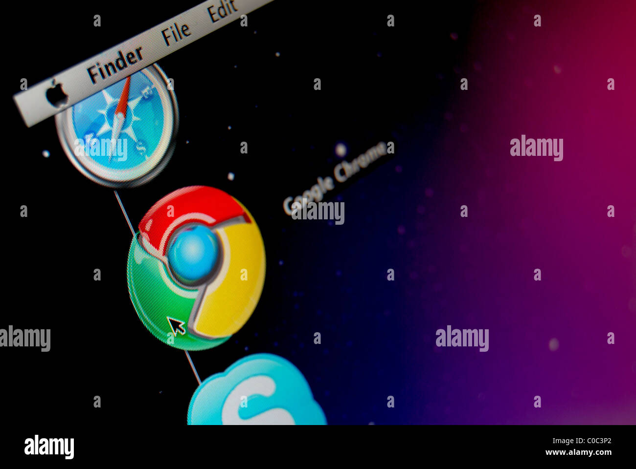 A Photo Illustration Of The Google Chrome Web Browser Application In The Dock Of an Apple MacBook Using OSX Snow Leopard Stock Photo
