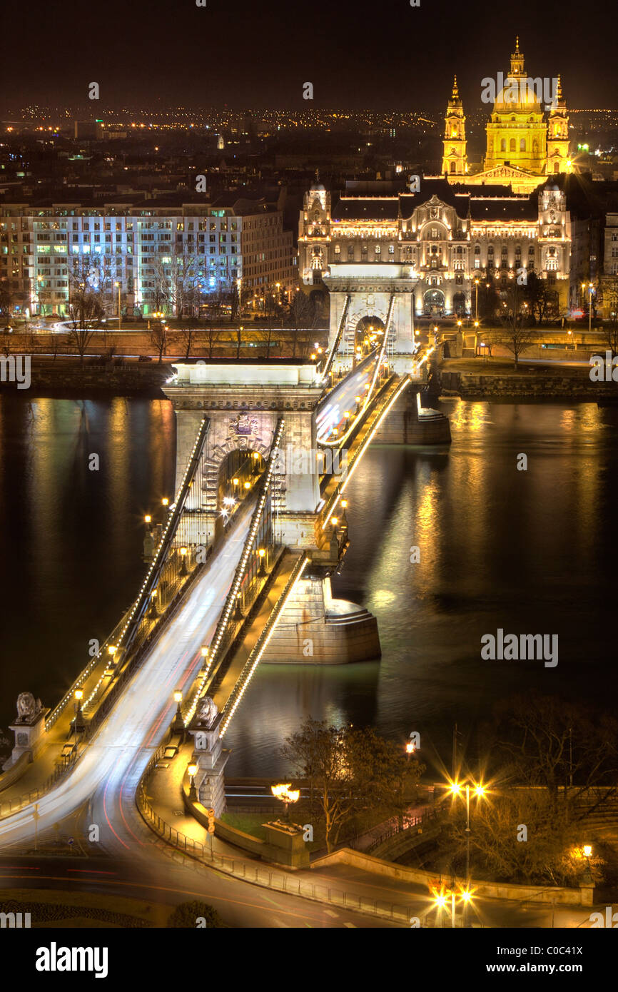 Chain Bridge at night in Budapest Stock Photo
