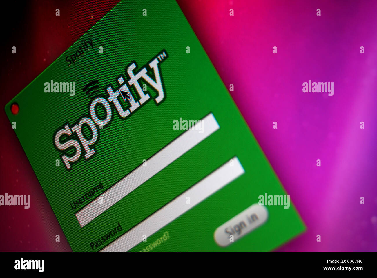 Photo Illustration of the Spotify Music Streaming Login On The Desktop Of A Apple MacBook Using OS X Snow Leopard Stock Photo