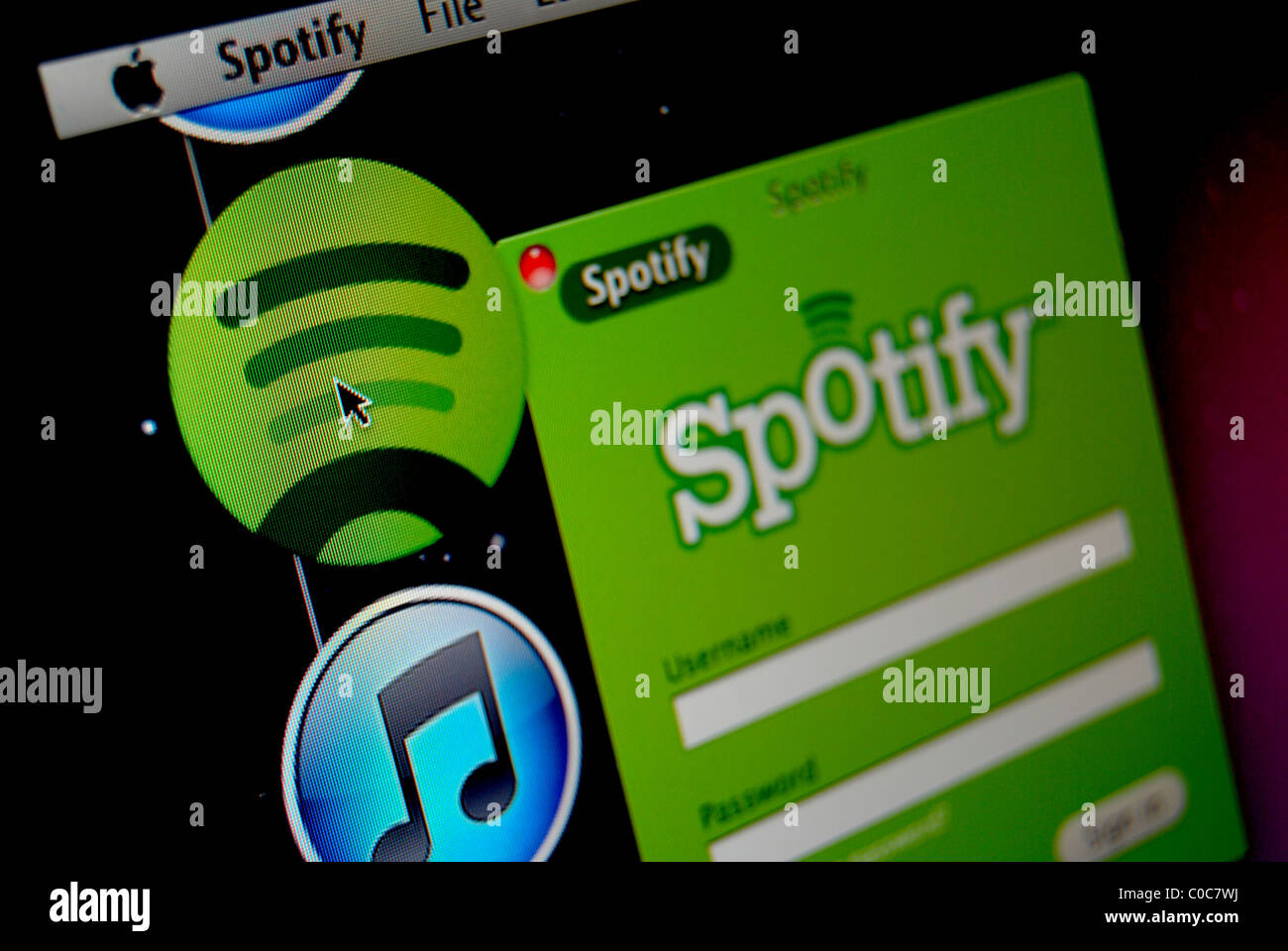 Photo Illustration of the Spotify Music Streaming Login On The Desktop Of A Apple MacBook Using OS X Snow Leopard Stock Photo