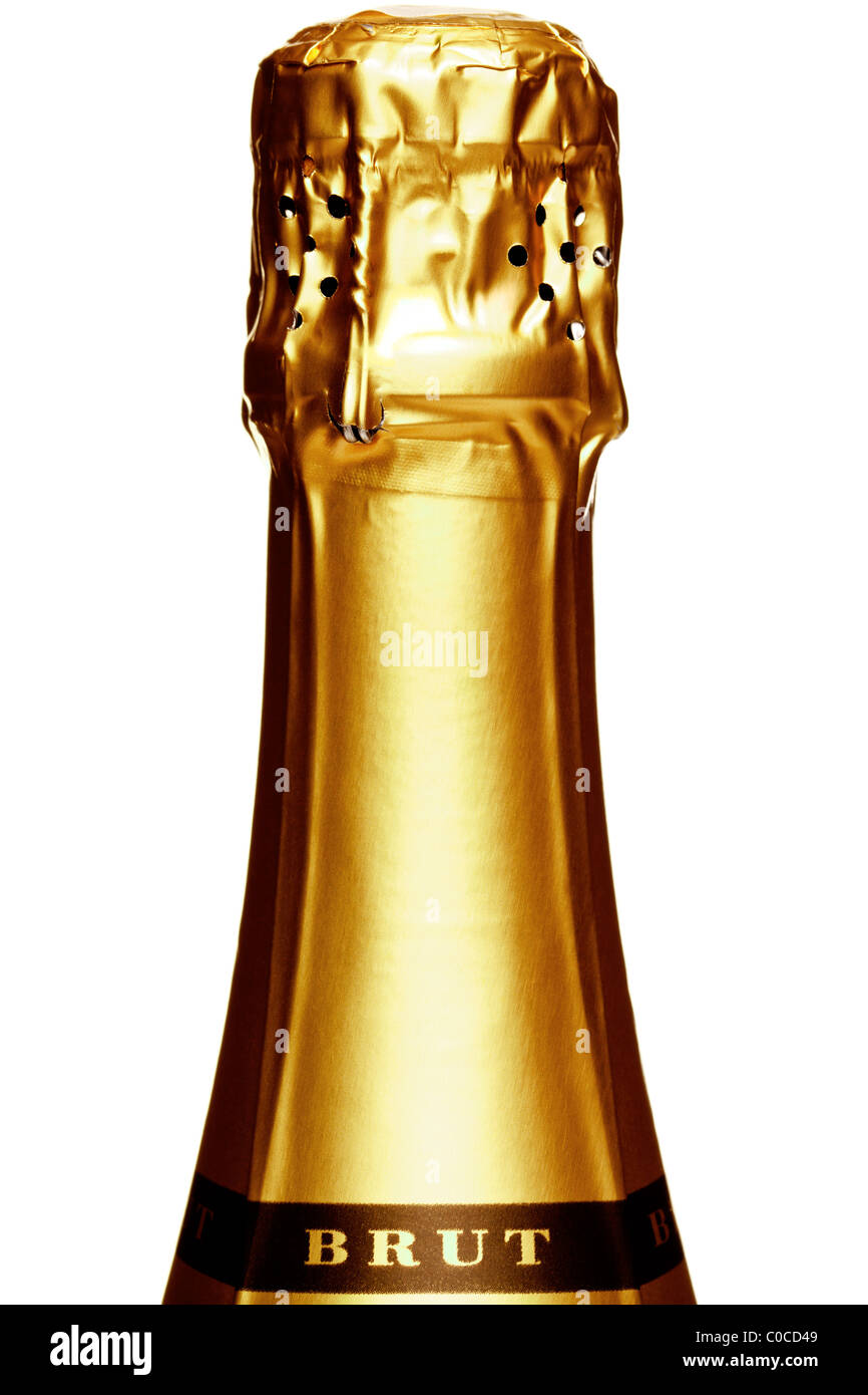 Photo of the top of a Champagne bottle, isolated on a white background. Stock Photo