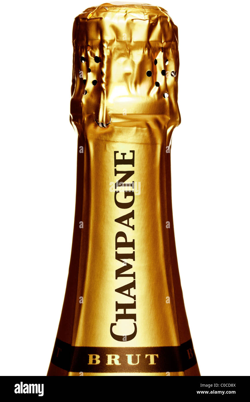 Photo of the top of a Champagne bottle, isolated on a white background. Stock Photo
