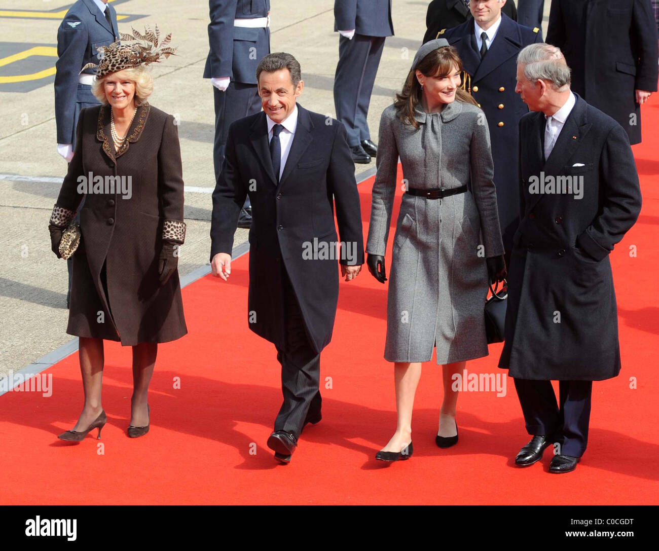 French president Nicolas Sarkozy arrives at Heathrow Airport with his wife Carla Bruni and was greeted by the Prince Charles, Stock Photo